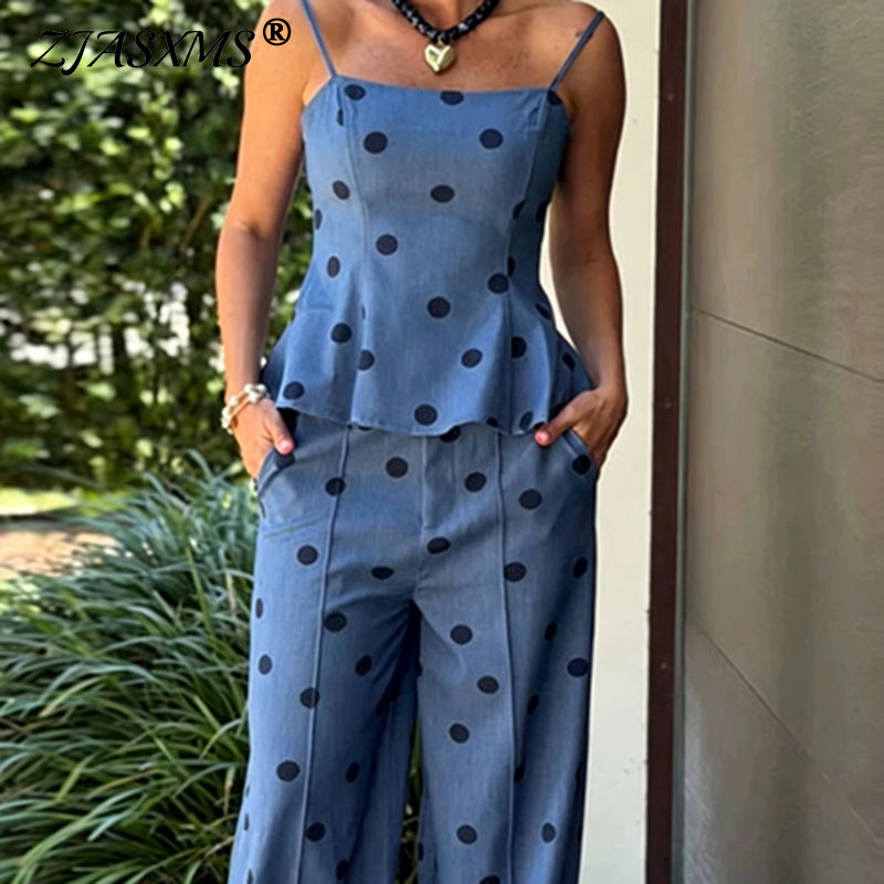 Suspender Tank Top - Vintage Dot Print Chambray Two Piece